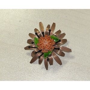 Brooch‎ Vintage 60s Enameled Copper Color Metal Flower Coro Lisner Style Mod Pin
